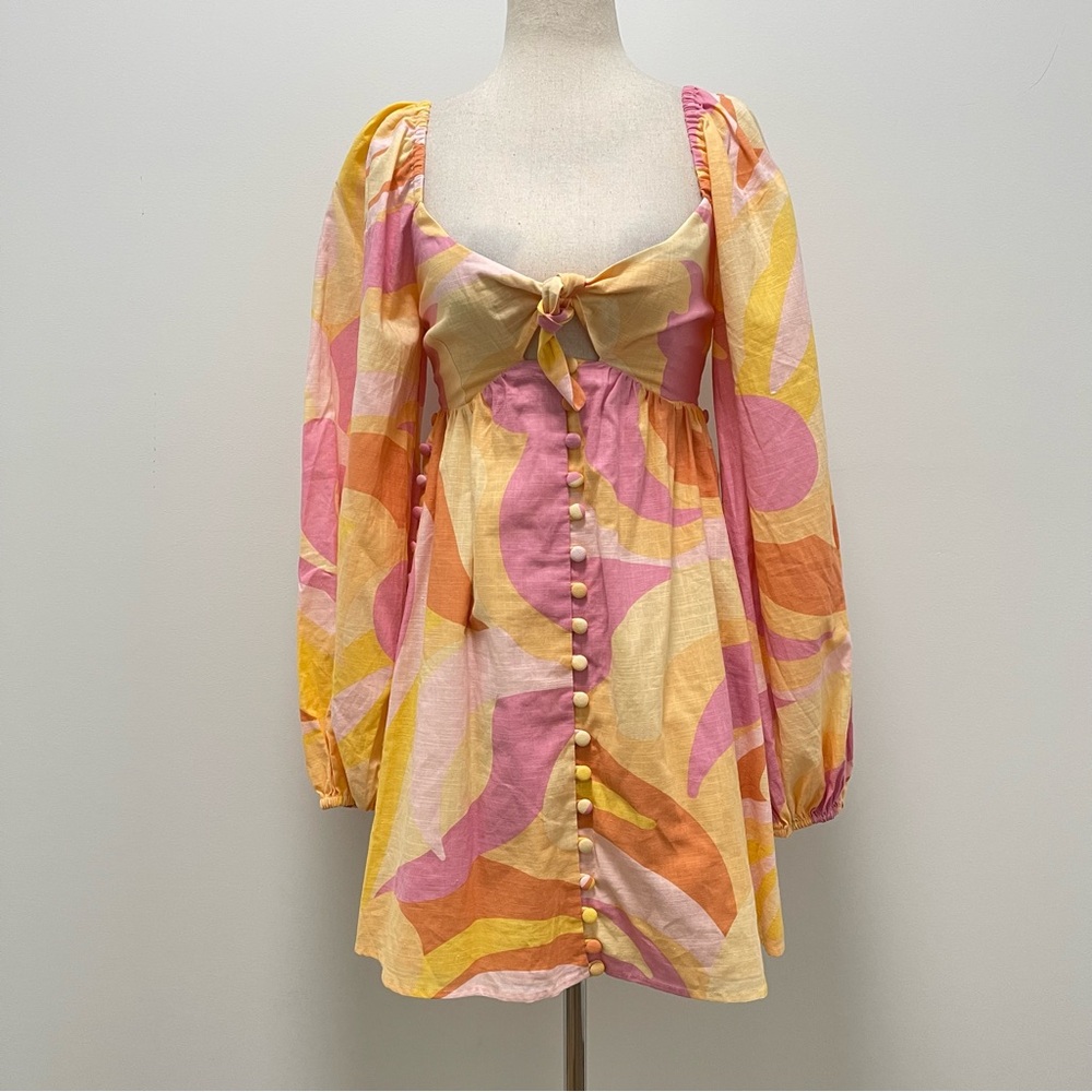 Sabo Alya Babydoll Pink Yellow Long Puff Sleeve Mini Dress Size X-Small - Picture 2 of 16